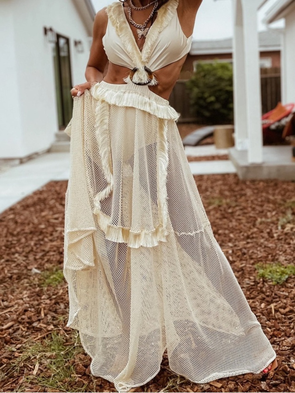 Sheer White Fringe Maxi Dress with Plunge Top